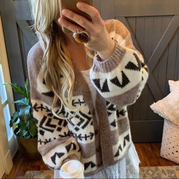 New Cowichan Print Native Knit Wool Cardigan Sweater Button Front V-Neck Top - Picture 2 of 7